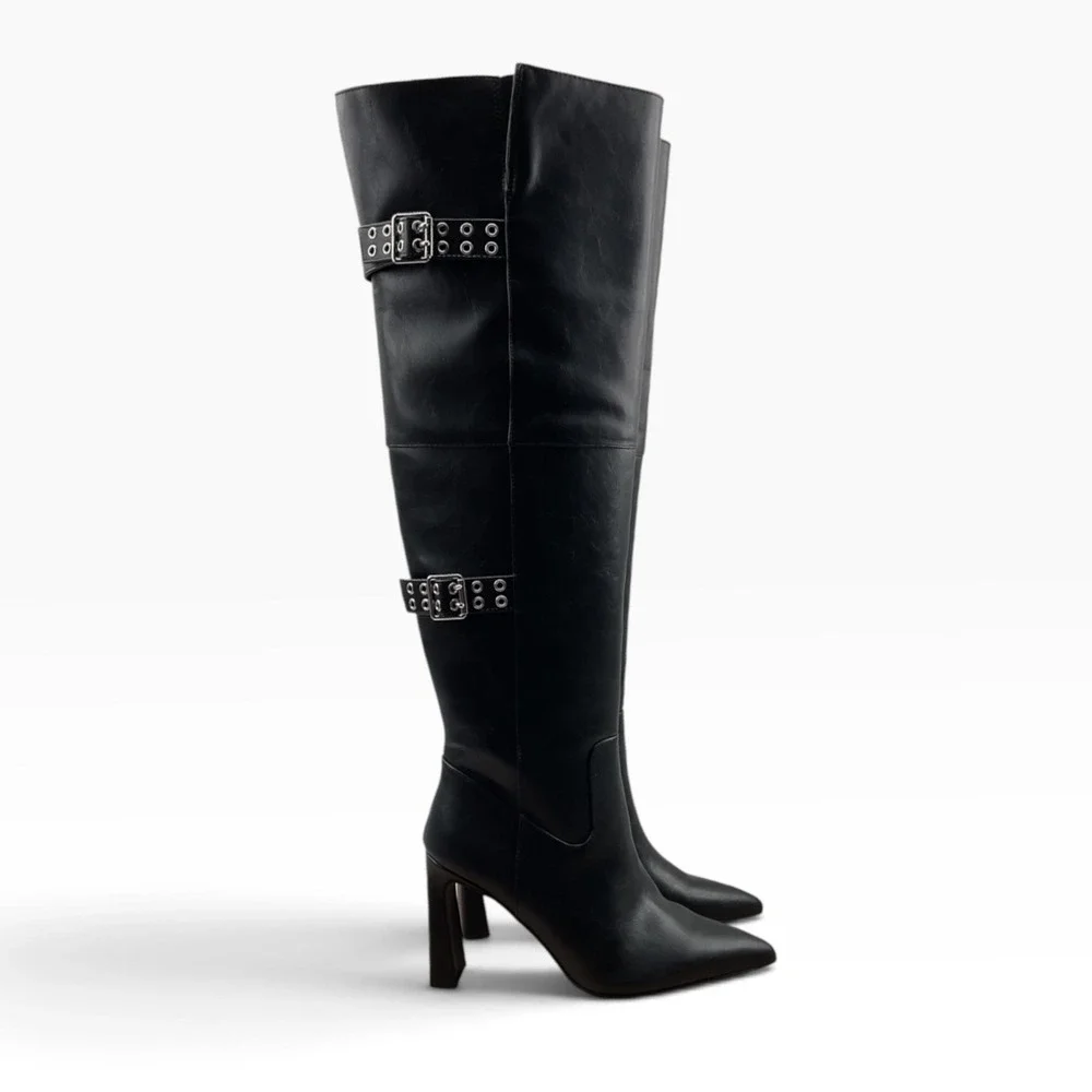 Wild Pair Womens Black Faux Leather Over The Knee Buckle Moto Boots Pointed Toe